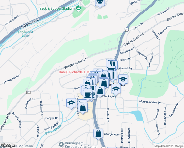 map of restaurants, bars, coffee shops, grocery stores, and more near 1906 Laurel Road in Vestavia Hills