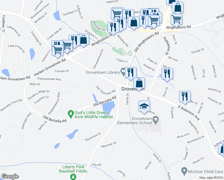 map of restaurants, bars, coffee shops, grocery stores, and more near 104 Old Thomson Road in Grovetown