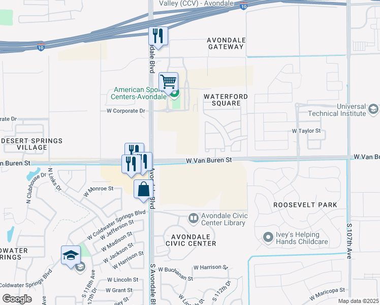 map of restaurants, bars, coffee shops, grocery stores, and more near 11330 West Van Buren Street in Avondale