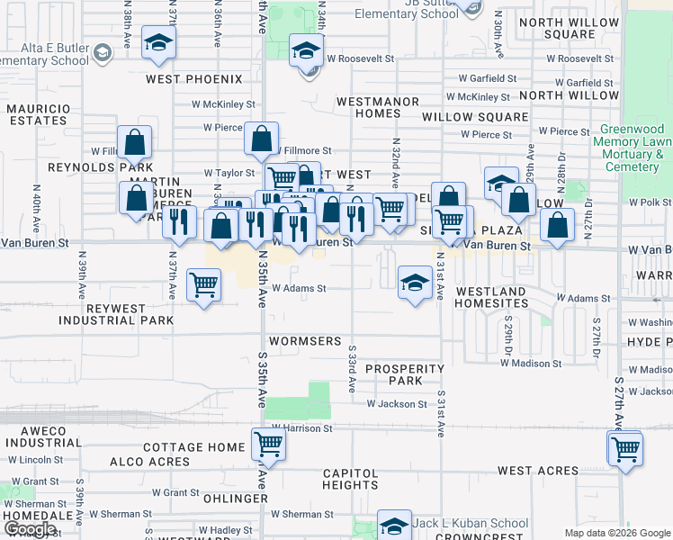 map of restaurants, bars, coffee shops, grocery stores, and more near 3323 West Monroe Street in Phoenix