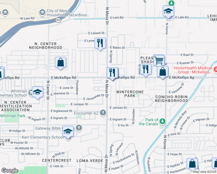 map of restaurants, bars, coffee shops, grocery stores, and more near 1926 North Spring in Mesa
