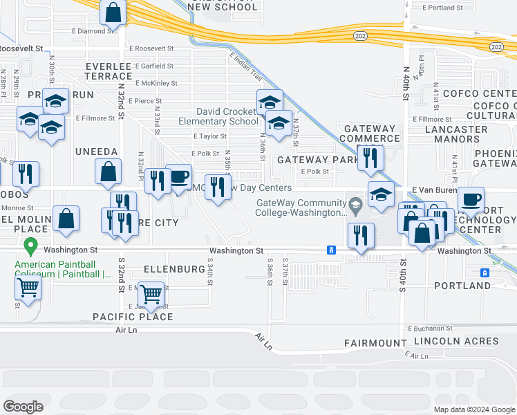 map of restaurants, bars, coffee shops, grocery stores, and more near 3523 East Van Buren Street in Phoenix