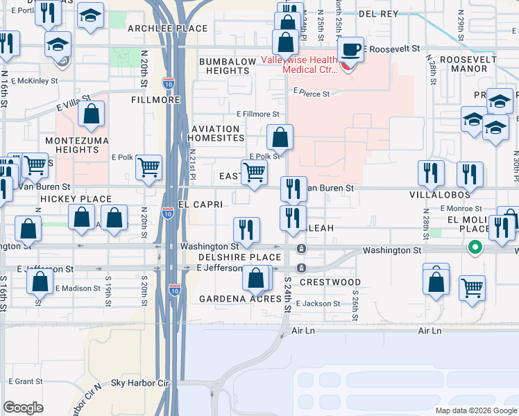 map of restaurants, bars, coffee shops, grocery stores, and more near 2307 East Van Buren Street in Phoenix
