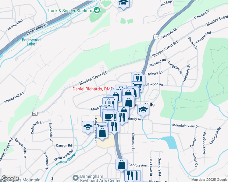 map of restaurants, bars, coffee shops, grocery stores, and more near 1906 Laurel Road in Vestavia Hills