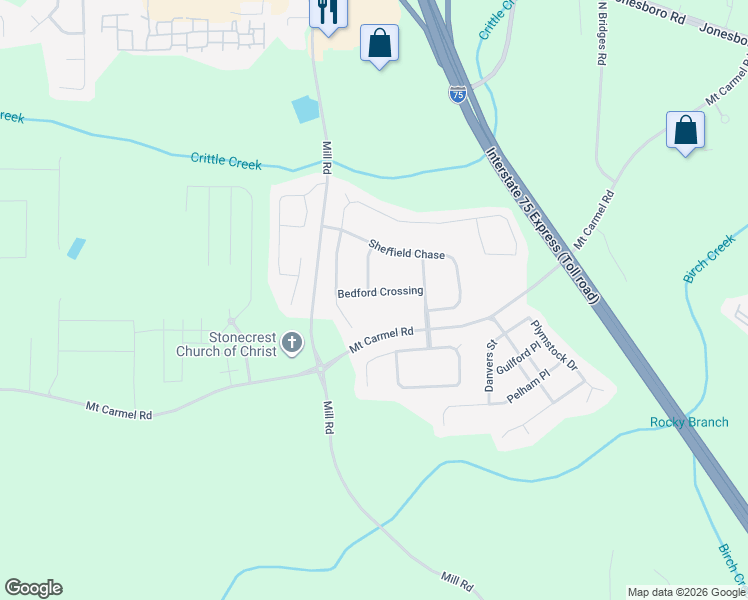 map of restaurants, bars, coffee shops, grocery stores, and more near 417 Bedford Crossing in McDonough