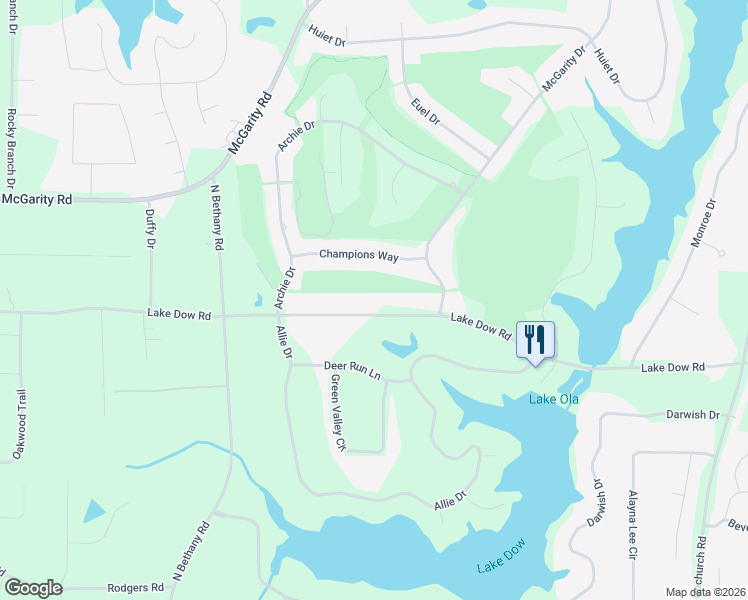 map of restaurants, bars, coffee shops, grocery stores, and more near 1605 Lake Dow Road in McDonough