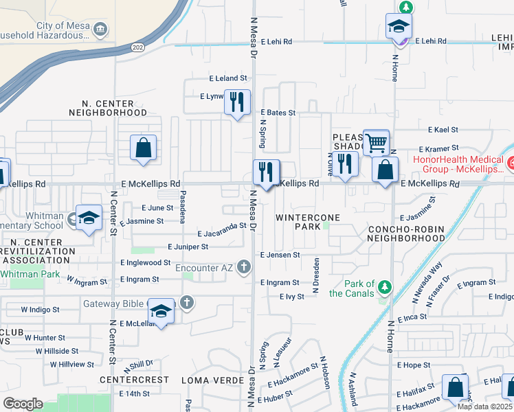 map of restaurants, bars, coffee shops, grocery stores, and more near 1926 North Spring in Mesa