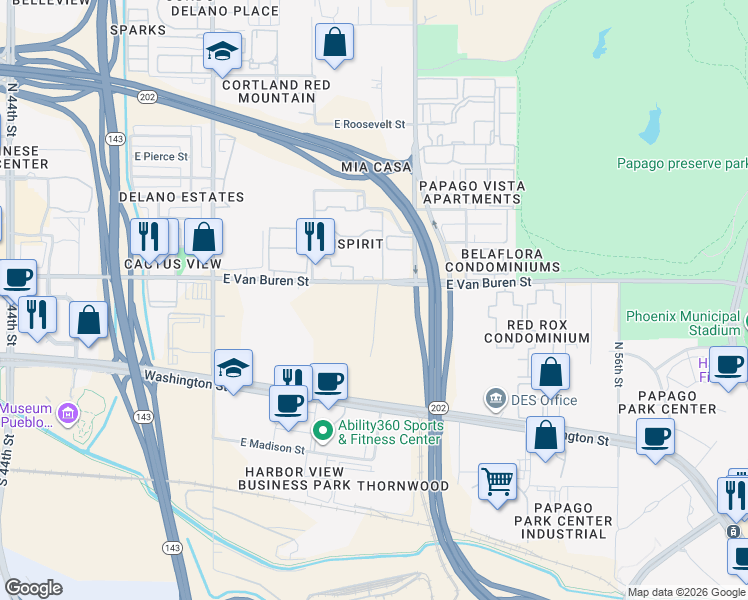 map of restaurants, bars, coffee shops, grocery stores, and more near 5143 East Van Buren Street in Phoenix