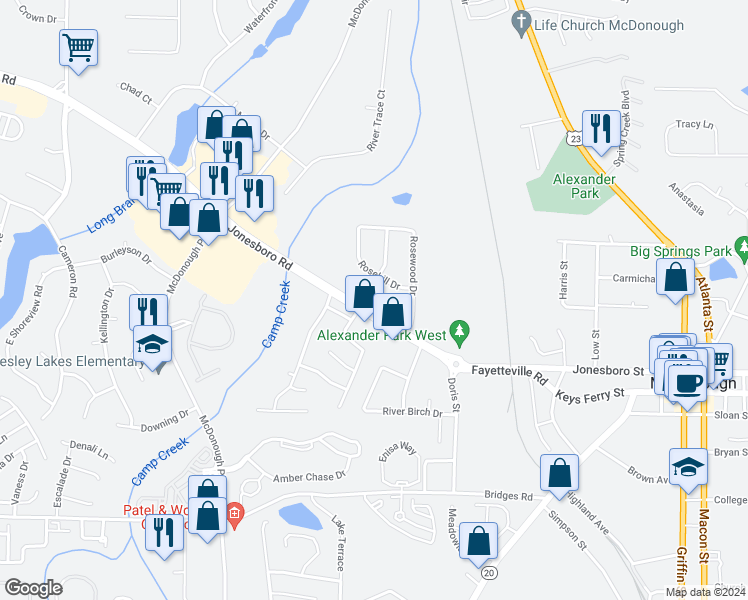map of restaurants, bars, coffee shops, grocery stores, and more near 95 Rosebud Lane in McDonough