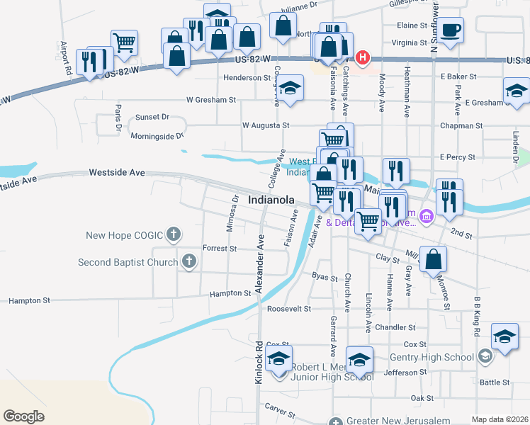 map of restaurants, bars, coffee shops, grocery stores, and more near 299 Hood Street in Indianola