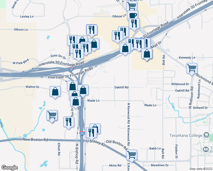 map of restaurants, bars, coffee shops, grocery stores, and more near 710 Oakhill Road in Texarkana