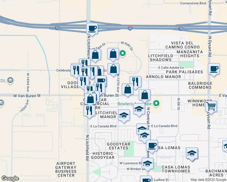 map of restaurants, bars, coffee shops, grocery stores, and more near 13740 West Van Buren Street in Goodyear