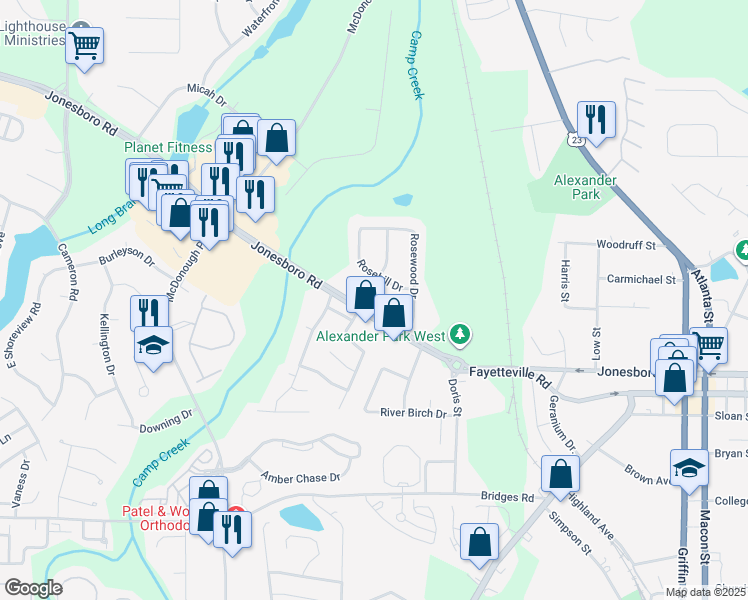 map of restaurants, bars, coffee shops, grocery stores, and more near 150 Jonesboro Road in McDonough