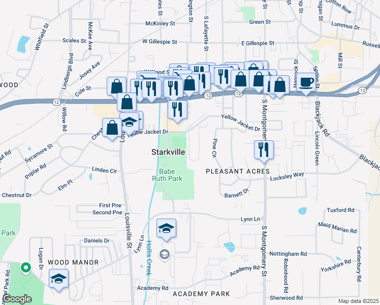 map of restaurants, bars, coffee shops, grocery stores, and more near 125 Bent Brook Lane in Starkville