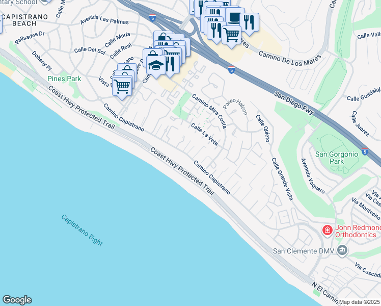 map of restaurants, bars, coffee shops, grocery stores, and more near 27282 Via Bella in Dana Point