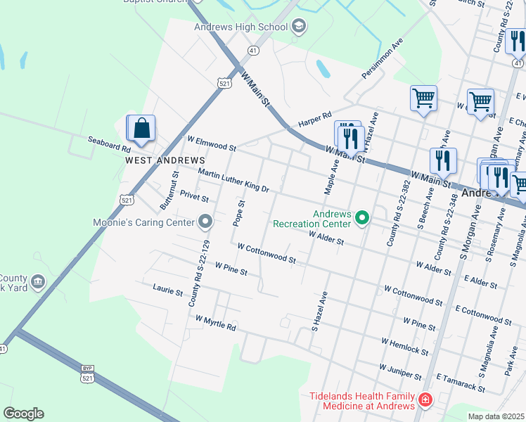 map of restaurants, bars, coffee shops, grocery stores, and more near 103 Pope Street in Andrews