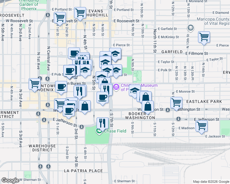 map of restaurants, bars, coffee shops, grocery stores, and more near 215 North 7th Street in Phoenix