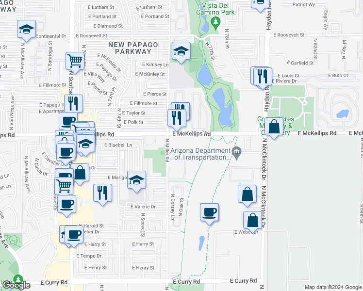 map of restaurants, bars, coffee shops, grocery stores, and more near 7601 East McKellips Road in Scottsdale