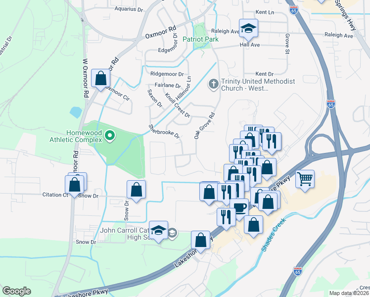 map of restaurants, bars, coffee shops, grocery stores, and more near 116 Venetian Way in Birmingham