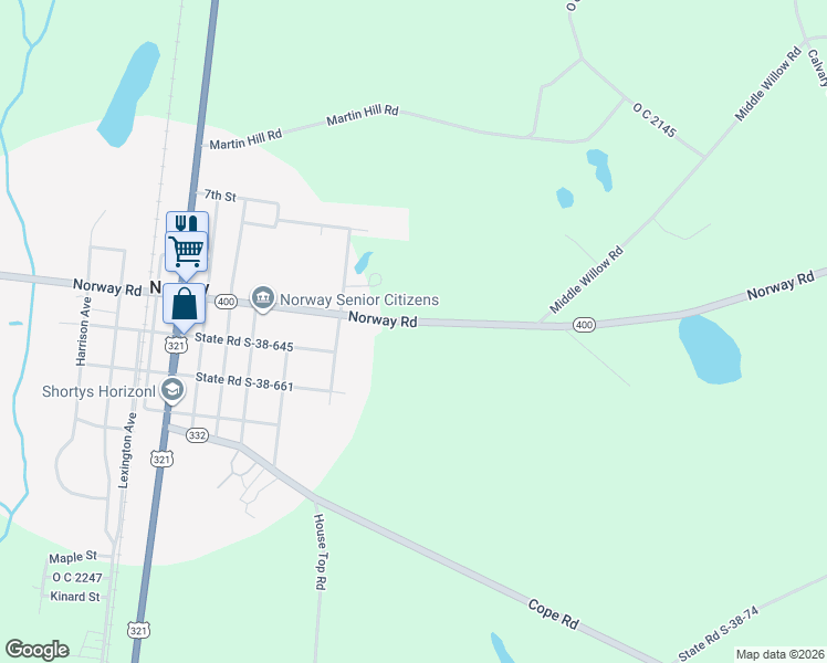 map of restaurants, bars, coffee shops, grocery stores, and more near 4571 Norway Road in Norway