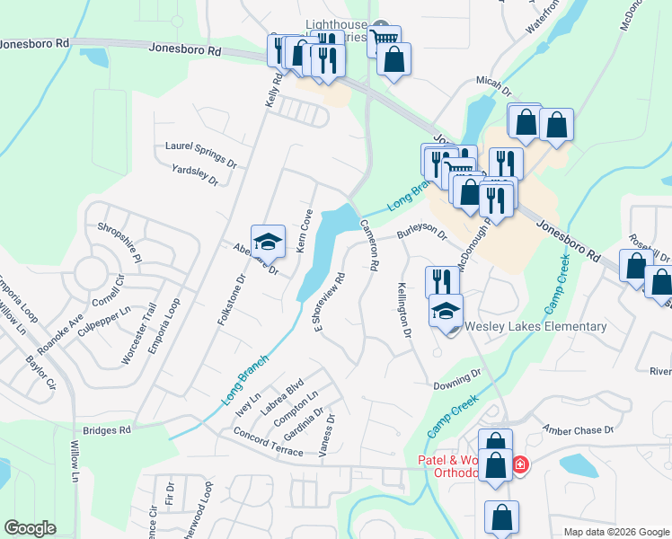 map of restaurants, bars, coffee shops, grocery stores, and more near 1120 East Shoreview Road in McDonough