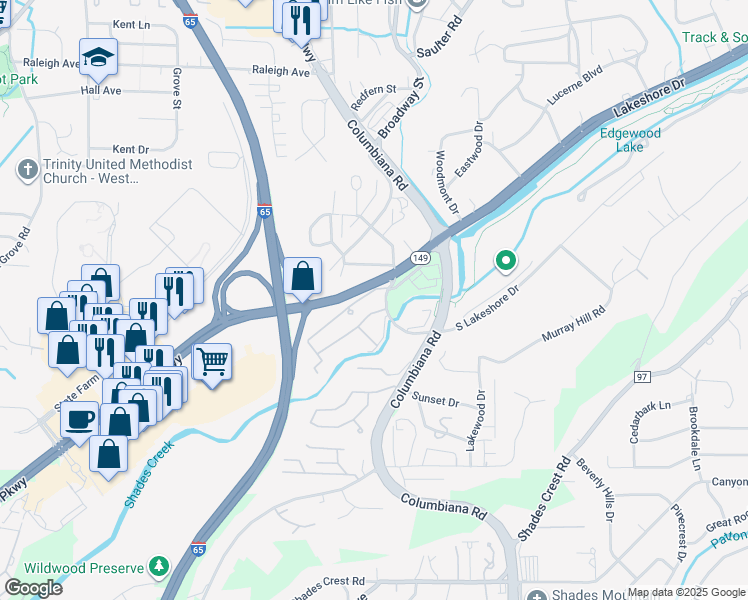 map of restaurants, bars, coffee shops, grocery stores, and more near 25 West Lakeshore Drive in Birmingham