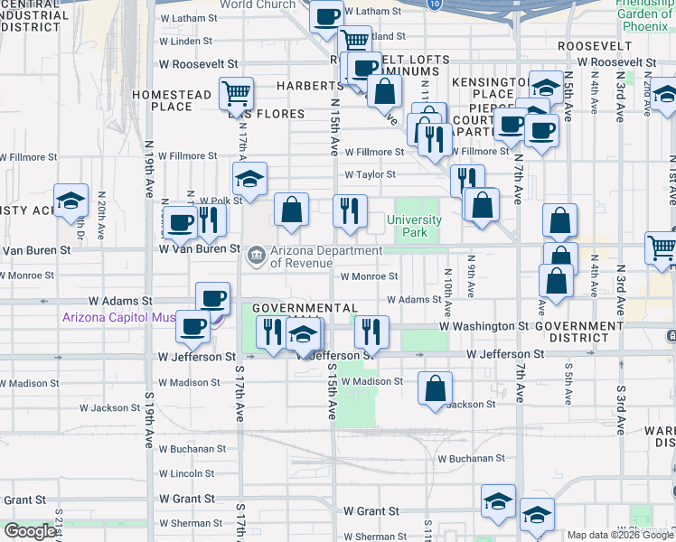 map of restaurants, bars, coffee shops, grocery stores, and more near 1342 West Monroe Street in Phoenix