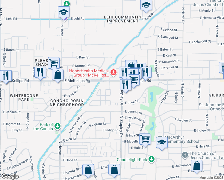 map of restaurants, bars, coffee shops, grocery stores, and more near 46 North Stapley Greens in Mesa