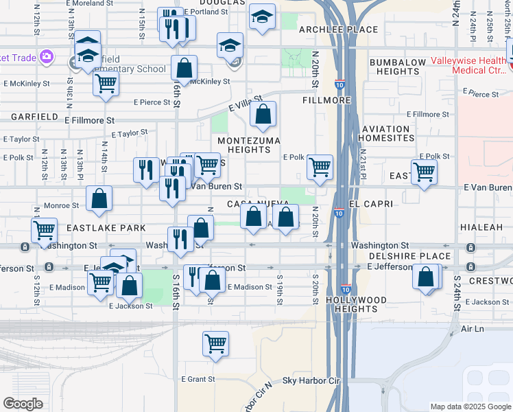 map of restaurants, bars, coffee shops, grocery stores, and more near 1818 East Adams Street in Phoenix