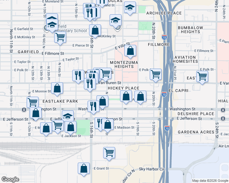 map of restaurants, bars, coffee shops, grocery stores, and more near 443 East Adams Street in Phoenix
