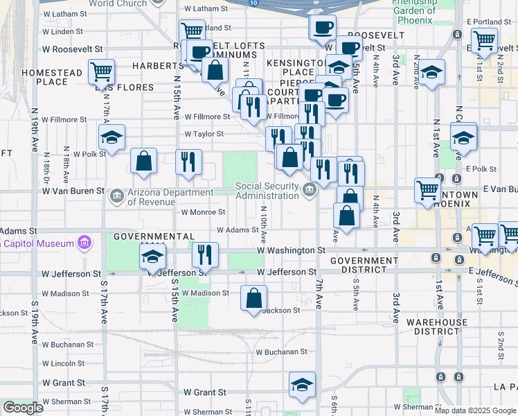 map of restaurants, bars, coffee shops, grocery stores, and more near 126 North 10th Avenue in Phoenix