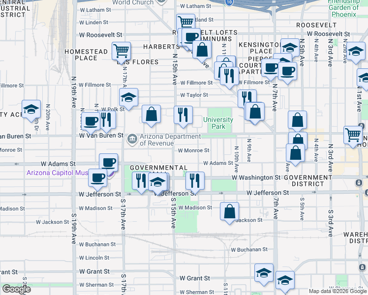 map of restaurants, bars, coffee shops, grocery stores, and more near 1327 West Monroe Street in Phoenix