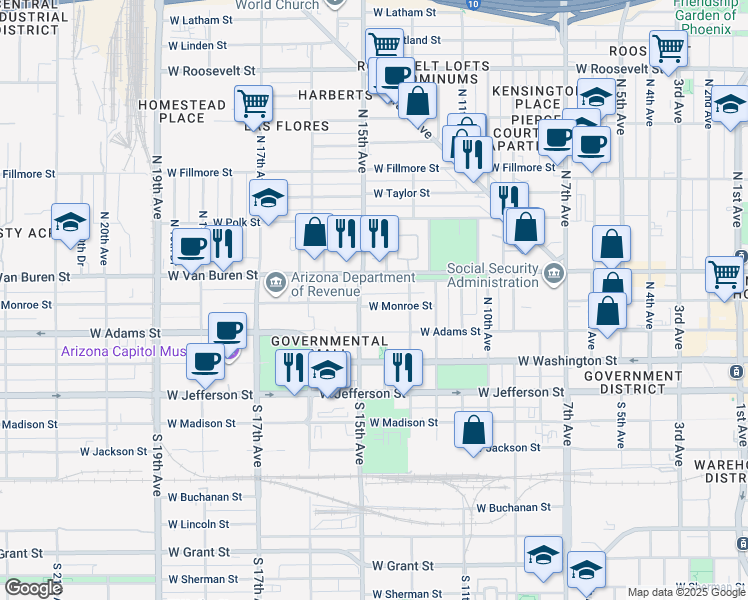 map of restaurants, bars, coffee shops, grocery stores, and more near 1327 West Monroe Street in Phoenix