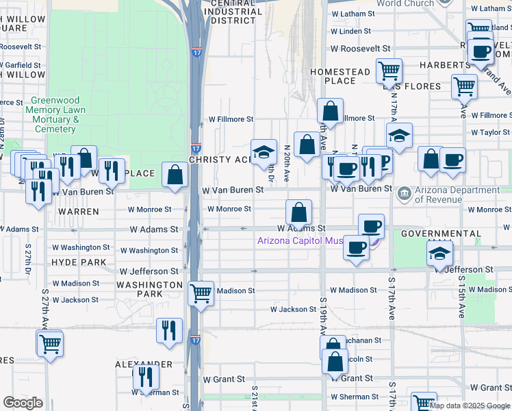 map of restaurants, bars, coffee shops, grocery stores, and more near 2039 West Monroe Street in Phoenix