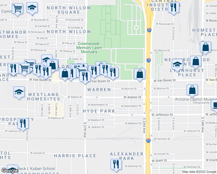 map of restaurants, bars, coffee shops, grocery stores, and more near 2531 West Monroe Street in Phoenix