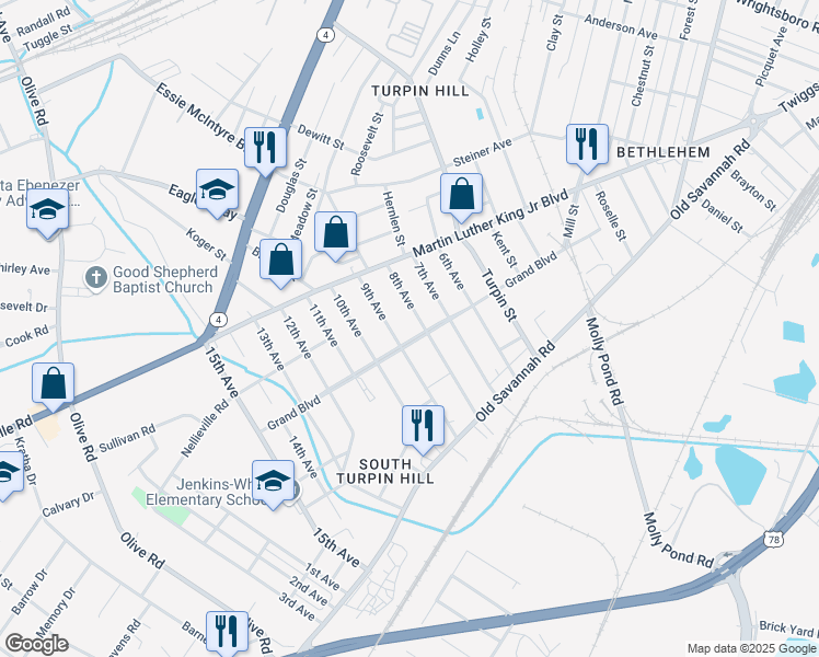 map of restaurants, bars, coffee shops, grocery stores, and more near 2106 Grand Boulevard in Augusta