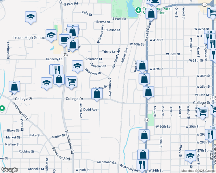 map of restaurants, bars, coffee shops, grocery stores, and more near 1201 Lavaca Street in Texarkana