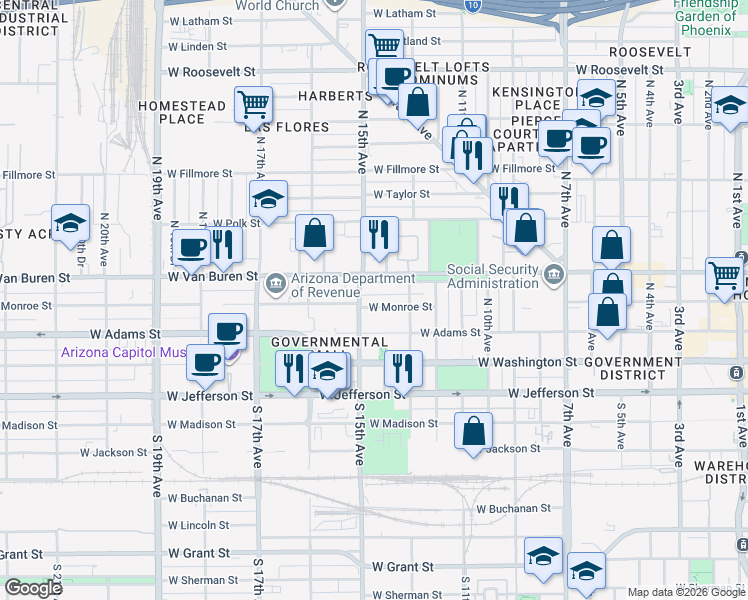 map of restaurants, bars, coffee shops, grocery stores, and more near 1327 West Monroe Street in Phoenix