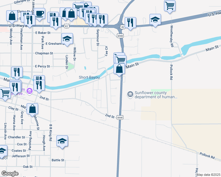 map of restaurants, bars, coffee shops, grocery stores, and more near Baird Avenue in Indianola