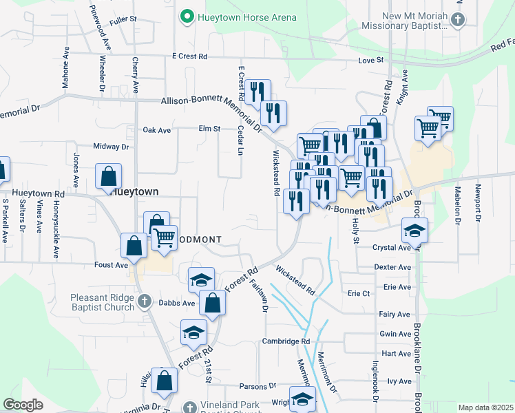 map of restaurants, bars, coffee shops, grocery stores, and more near 103 North Parkway in Bessemer
