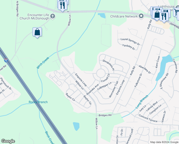 map of restaurants, bars, coffee shops, grocery stores, and more near 2120 Dartmouth Court in McDonough