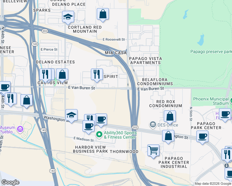 map of restaurants, bars, coffee shops, grocery stores, and more near 5041 East Van Buren Street in Phoenix
