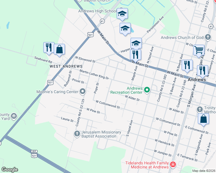 map of restaurants, bars, coffee shops, grocery stores, and more near 11 Raymond Street in Andrews