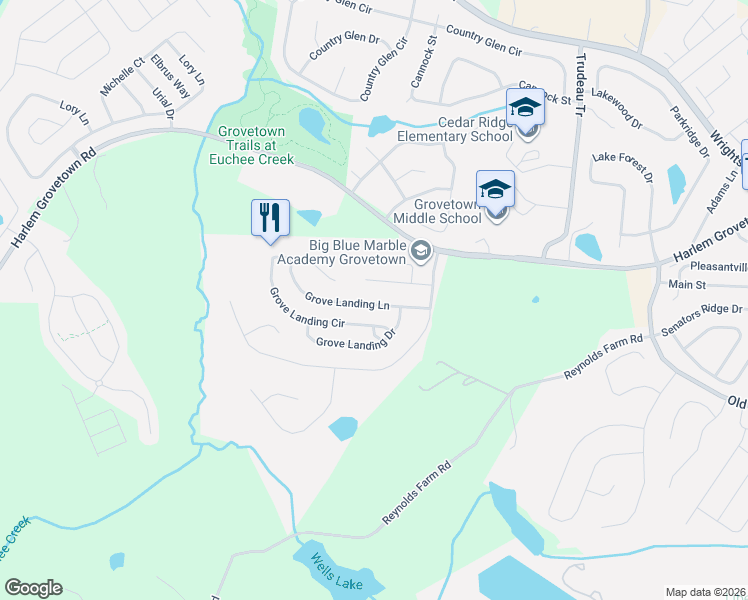 map of restaurants, bars, coffee shops, grocery stores, and more near 1078 Grove Landing Lane in Grovetown