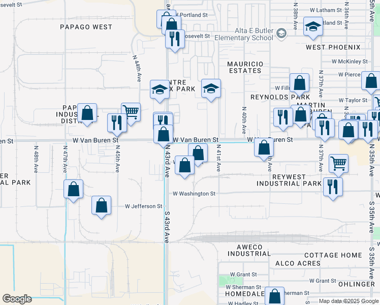 map of restaurants, bars, coffee shops, grocery stores, and more near 4141 West Van Buren Street in Phoenix