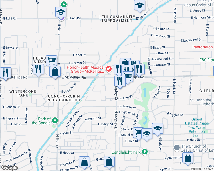 map of restaurants, bars, coffee shops, grocery stores, and more near 46 North Stapley Greens in Mesa