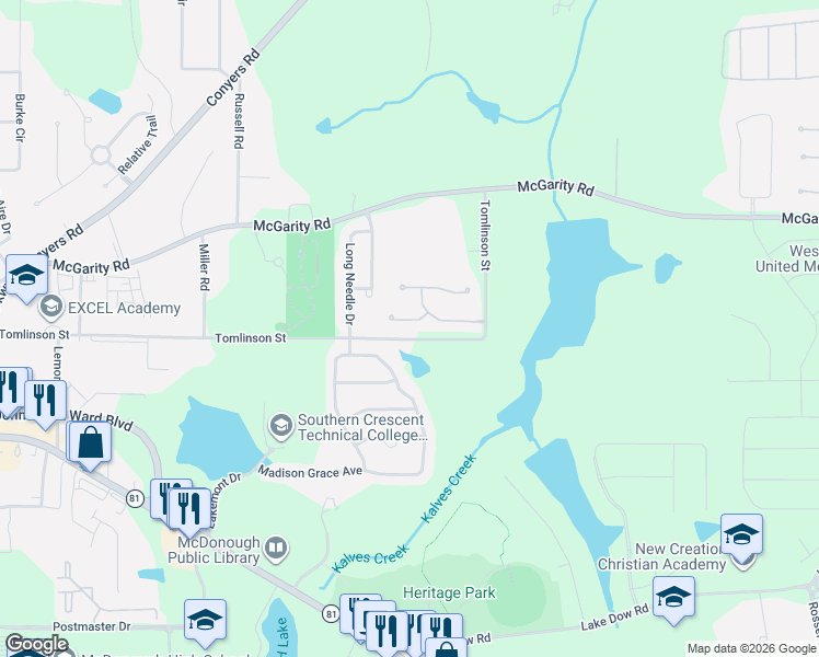 map of restaurants, bars, coffee shops, grocery stores, and more near 205 Lilla Court in McDonough