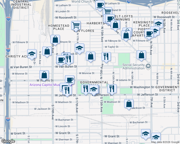 map of restaurants, bars, coffee shops, grocery stores, and more near 201 North 16th Avenue in Phoenix