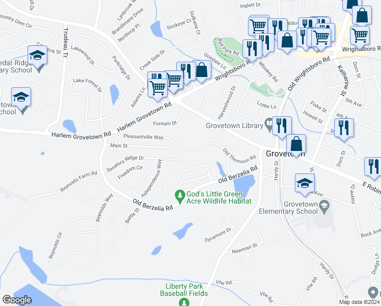 map of restaurants, bars, coffee shops, grocery stores, and more near 7583 Pleasantville Way in Grovetown