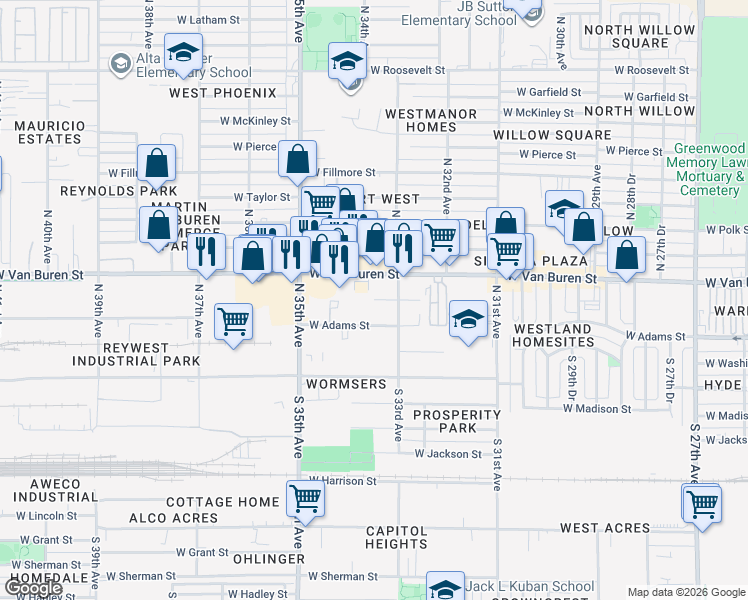 map of restaurants, bars, coffee shops, grocery stores, and more near West Monroe Street in Phoenix